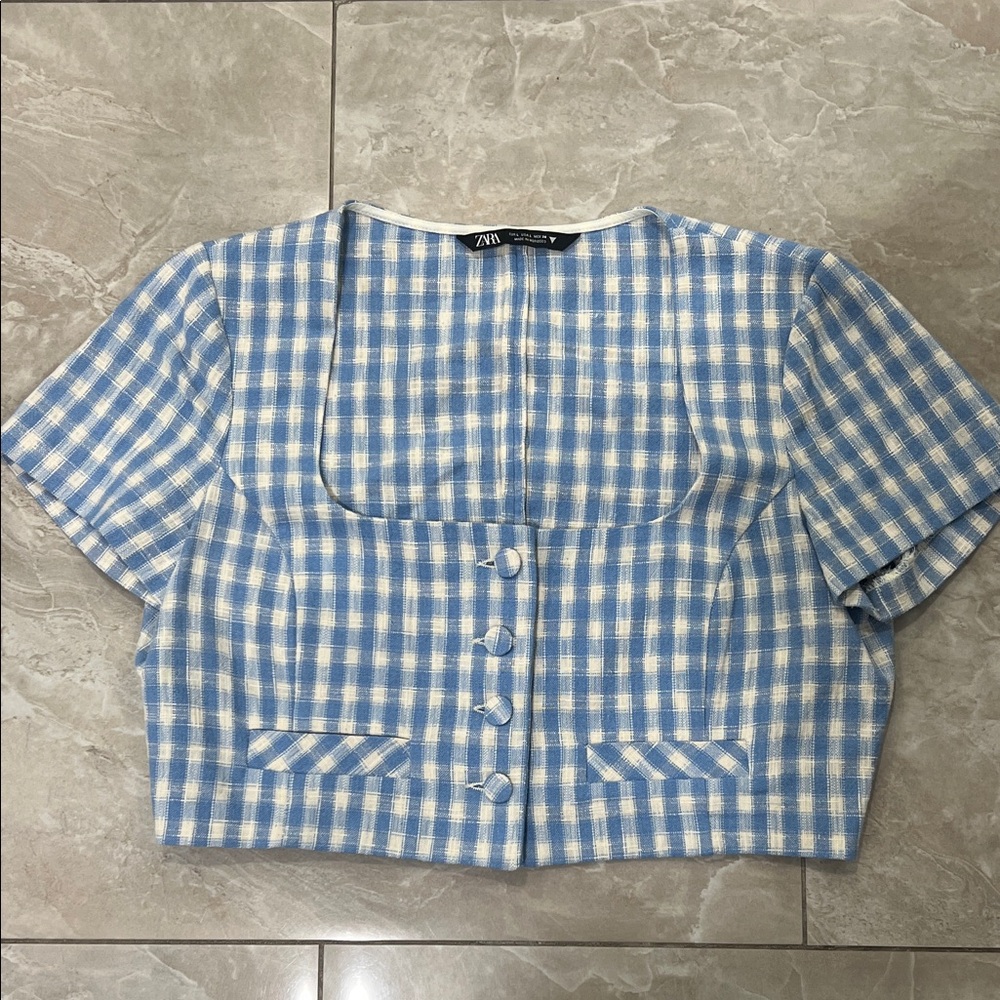 Zara Light Blue & White Gingham Square-Neck Crop Top